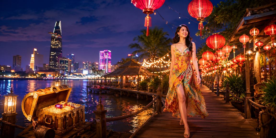 Không khí chợ đêm TP.HCM và người dùng kiểm tra voucher casino trên điện thoại